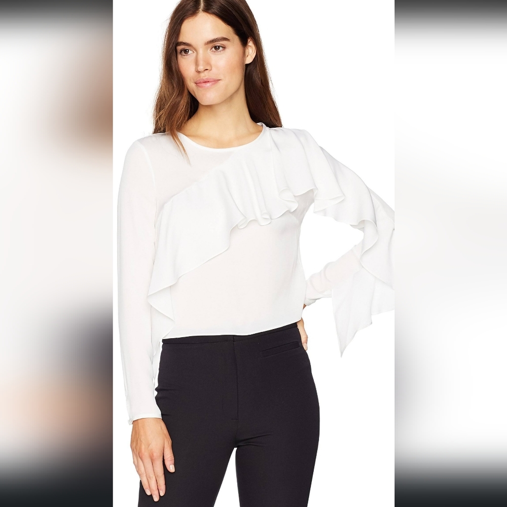 MILLY WOMENS WHITE STRETCH SILK CASCADE SLEEVE BLOUSE Small